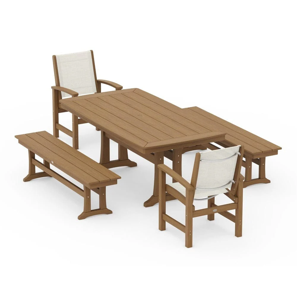 POLYWOOD® - Coastal 5-Piece Dining Set with Trestle Legs and Benches - PWS1036 - Image 130