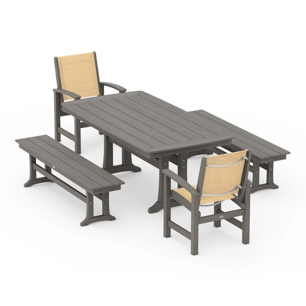 POLYWOOD® - Coastal 5-Piece Dining Set with Trestle Legs and Benches - PWS1036 - Image 139