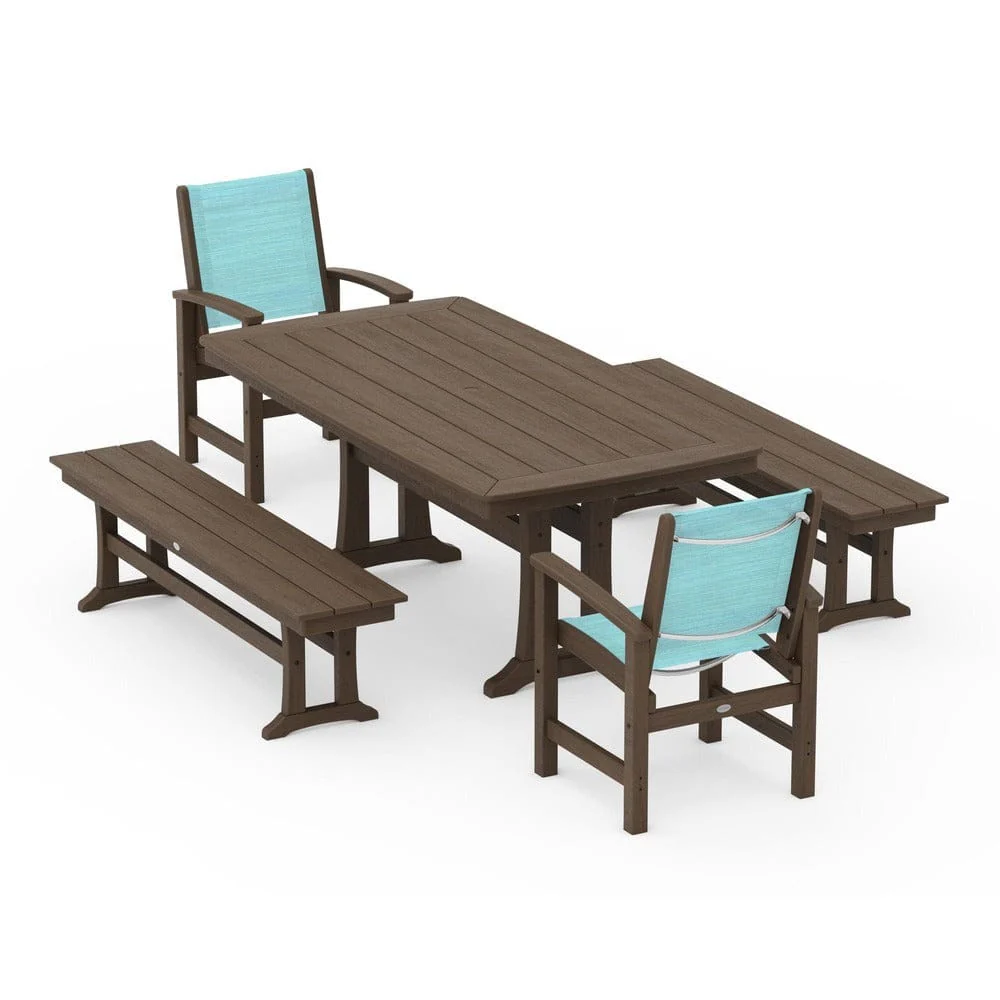 POLYWOOD® - Coastal 5-Piece Dining Set with Trestle Legs and Benches - PWS1036 - Image 142