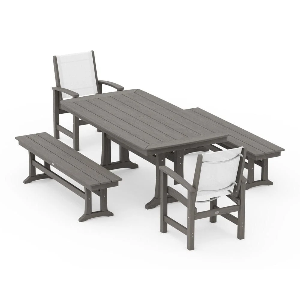 POLYWOOD® - Coastal 5-Piece Dining Set with Trestle Legs and Benches - PWS1036 - Image 145
