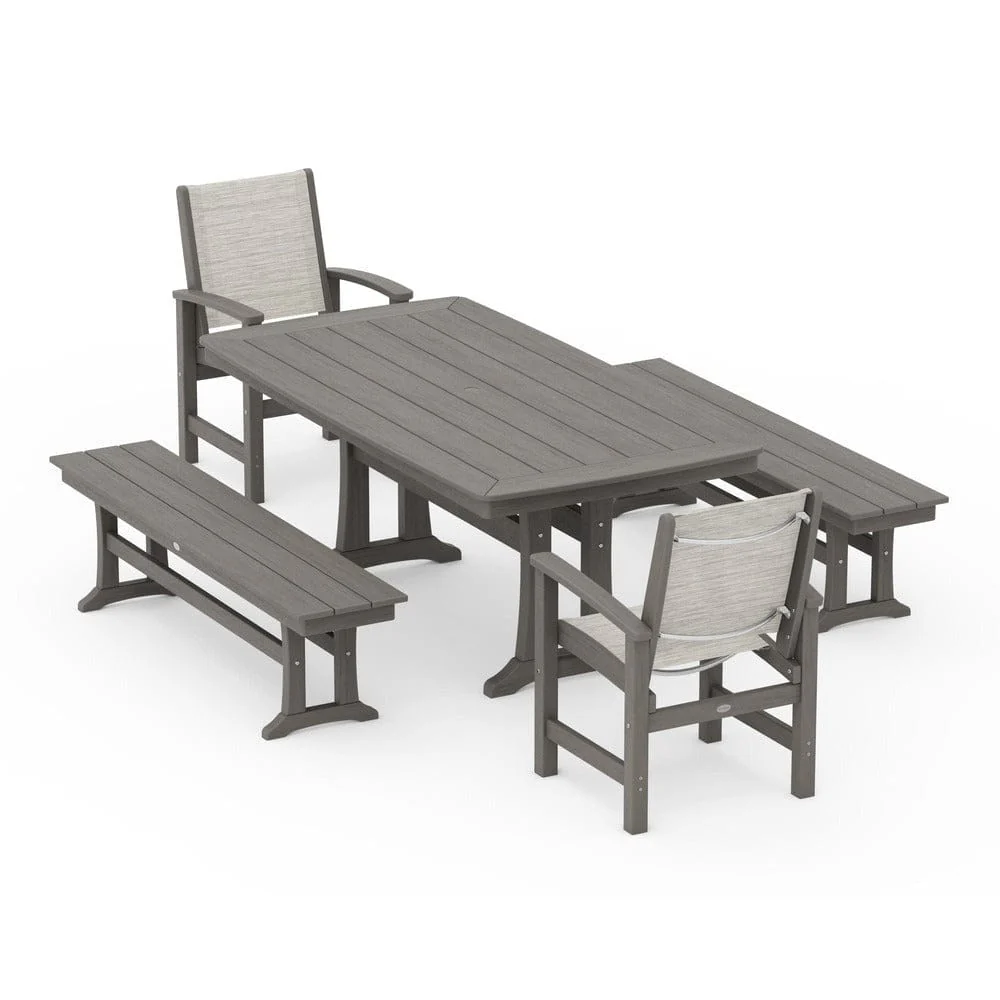 POLYWOOD® - Coastal 5-Piece Dining Set with Trestle Legs and Benches - PWS1036 - Image 146
