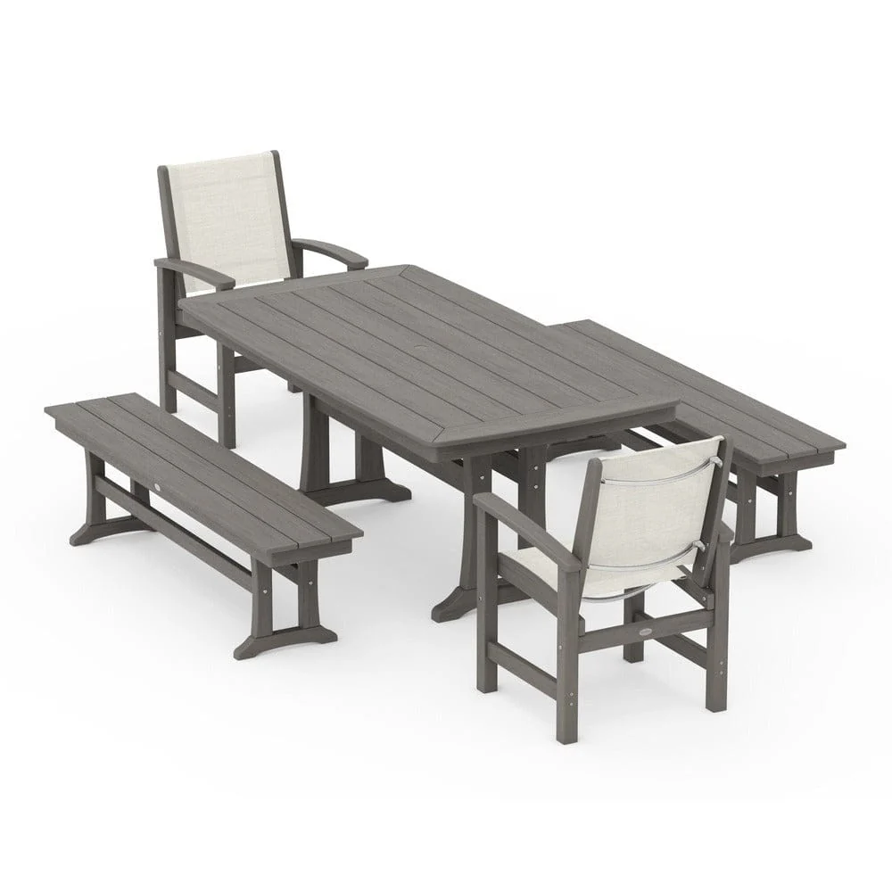 POLYWOOD® - Coastal 5-Piece Dining Set with Trestle Legs and Benches - PWS1036 - Image 147
