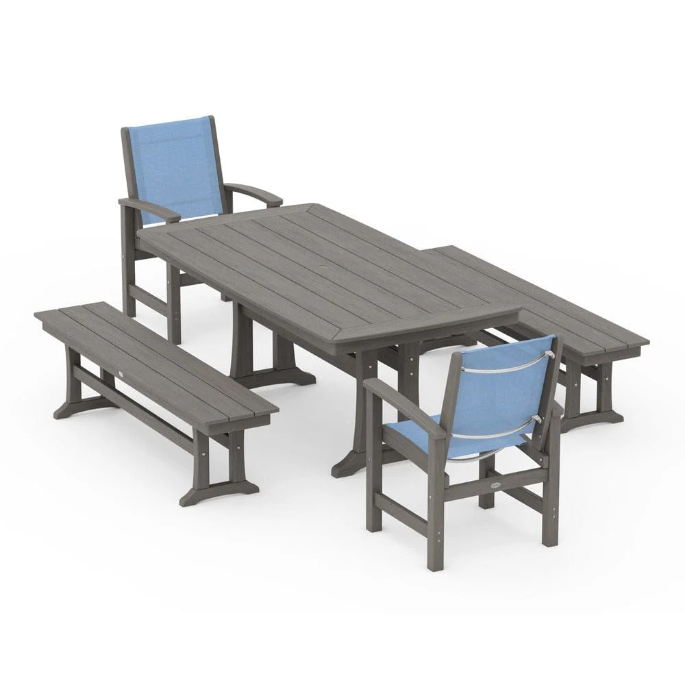 POLYWOOD® - Coastal 5-Piece Dining Set with Trestle Legs and Benches - PWS1036 - Image 151
