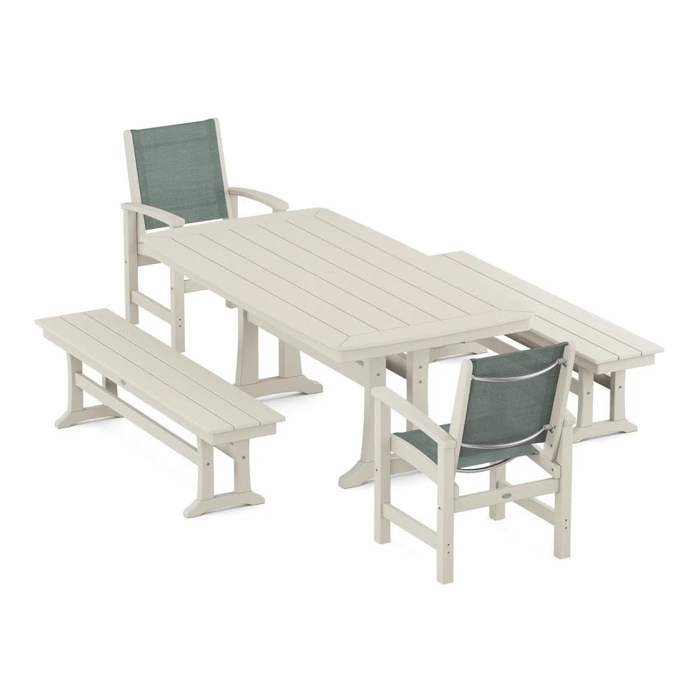 POLYWOOD® - Coastal 5-Piece Dining Set with Trestle Legs and Benches - PWS1036 - Image 91