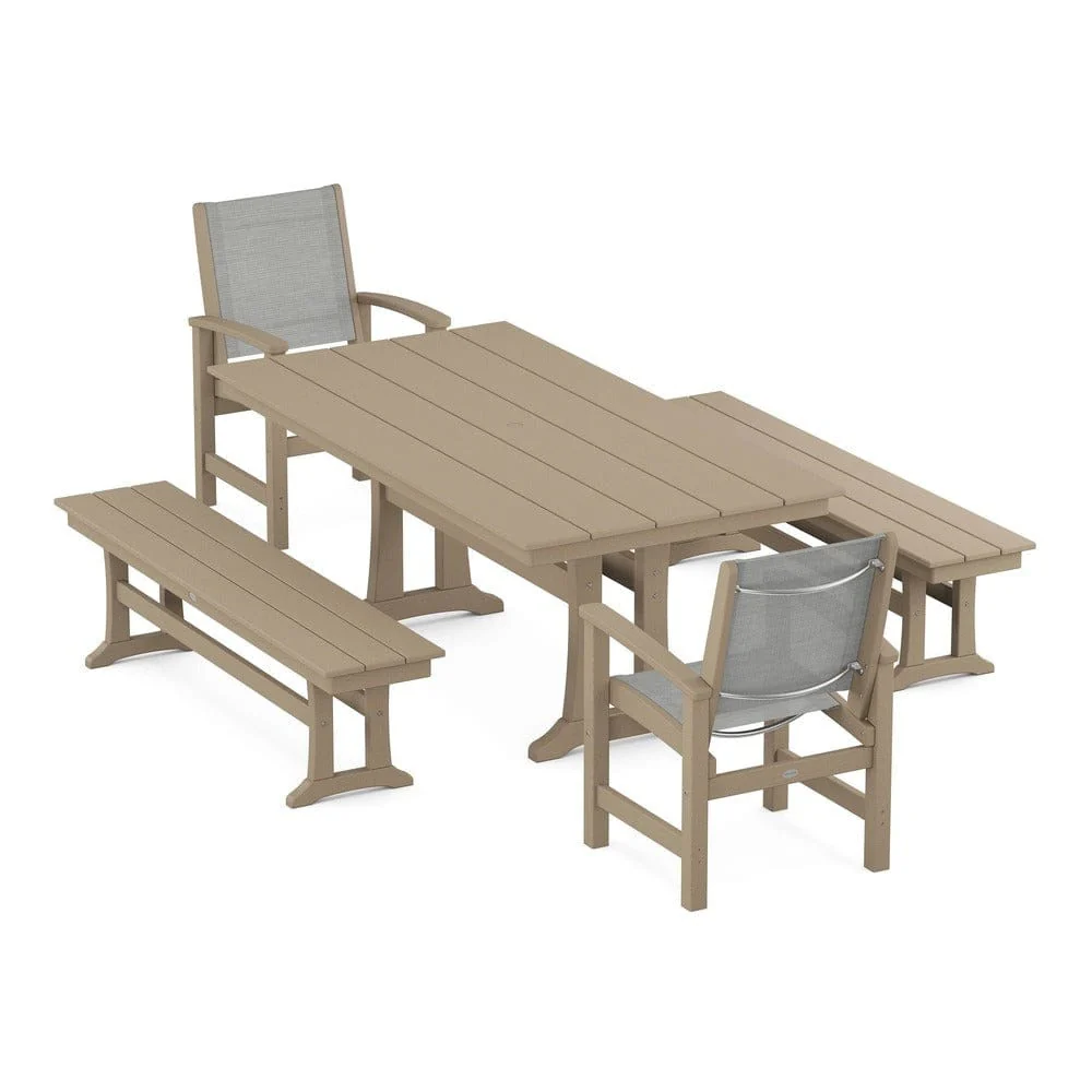 POLYWOOD® - Coastal 5-Piece Farmhouse Dining Set with Trestle Legs and Benches - PWS1000 - Image 102