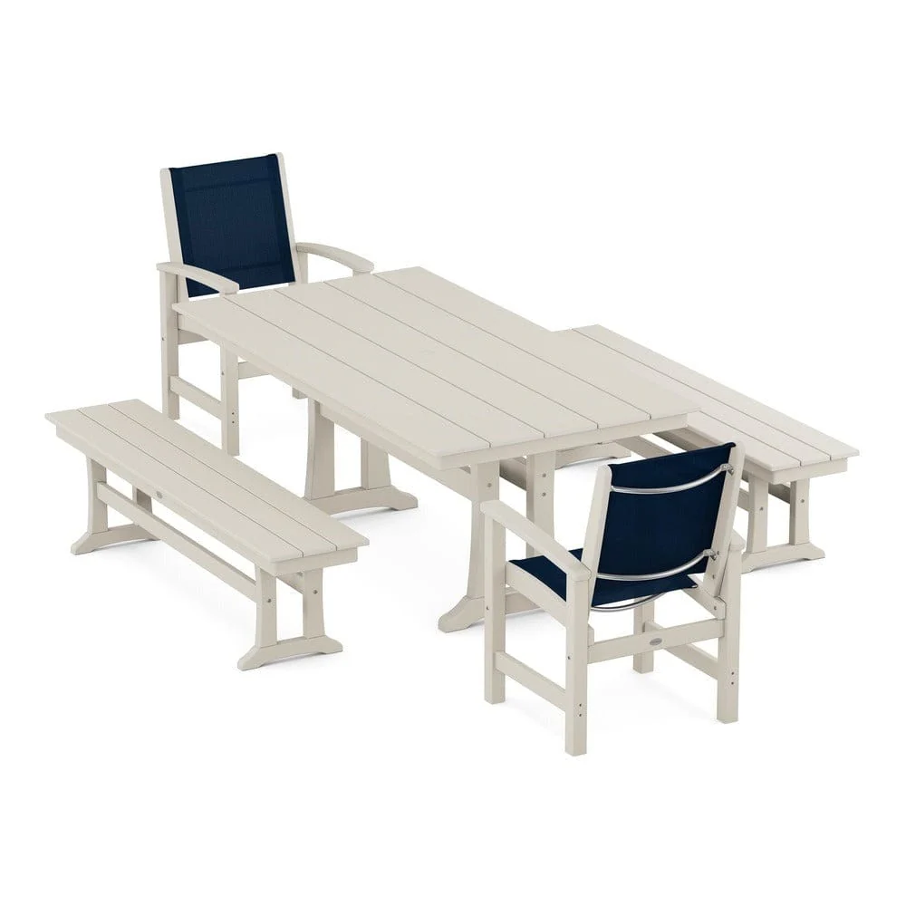 POLYWOOD® - Coastal 5-Piece Farmhouse Dining Set with Trestle Legs and Benches - PWS1000 - Image 103