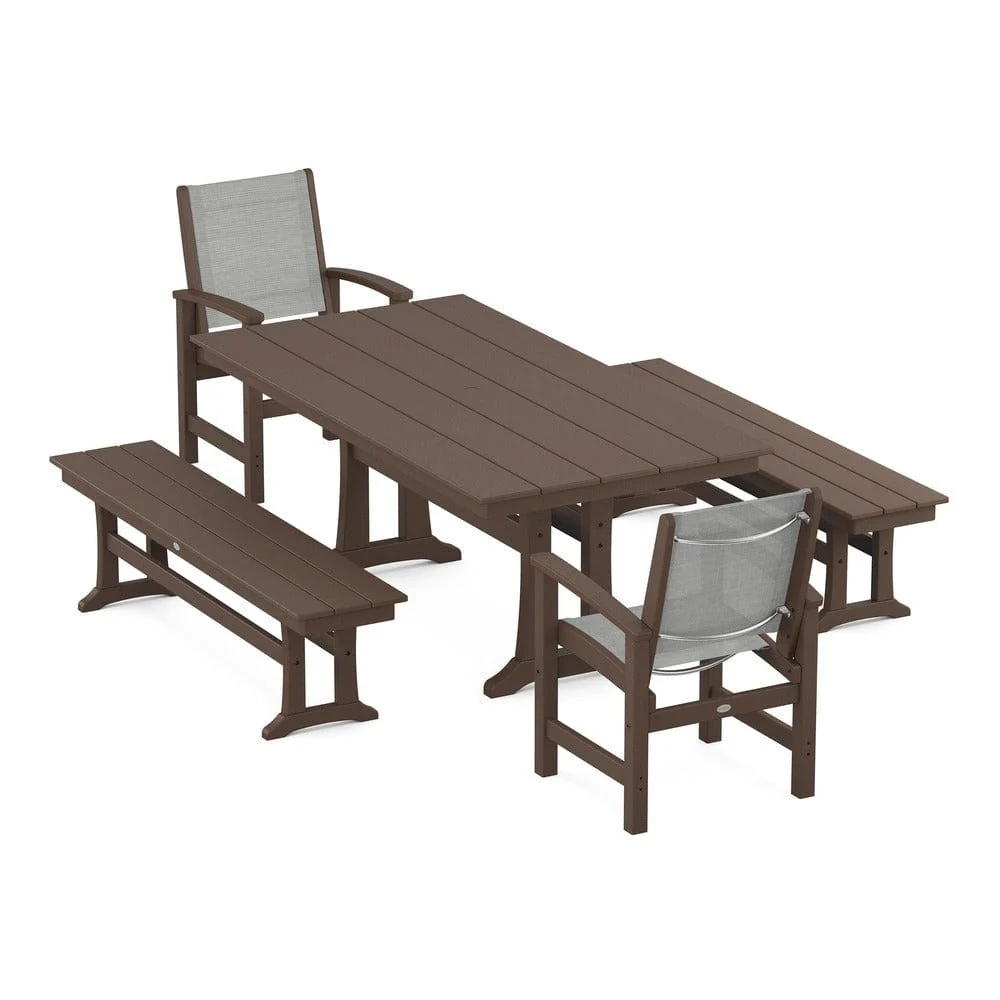 POLYWOOD® - Coastal 5-Piece Farmhouse Dining Set with Trestle Legs and Benches - PWS1000 - Image 105