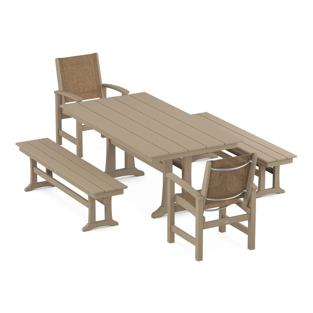 POLYWOOD® - Coastal 5-Piece Farmhouse Dining Set with Trestle Legs and Benches - PWS1000 - Image 106