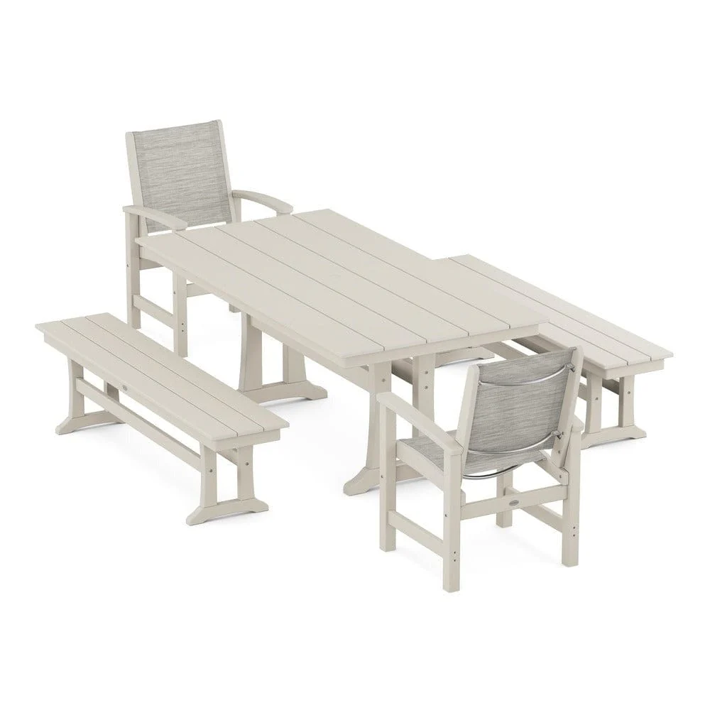 POLYWOOD® - Coastal 5-Piece Farmhouse Dining Set with Trestle Legs and Benches - PWS1000 - Image 107