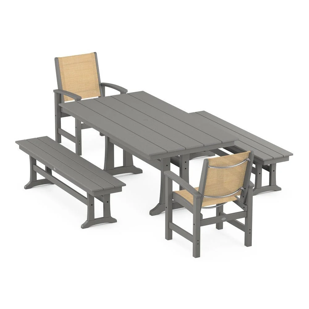 POLYWOOD® - Coastal 5-Piece Farmhouse Dining Set with Trestle Legs and Benches - PWS1000 - Image 112