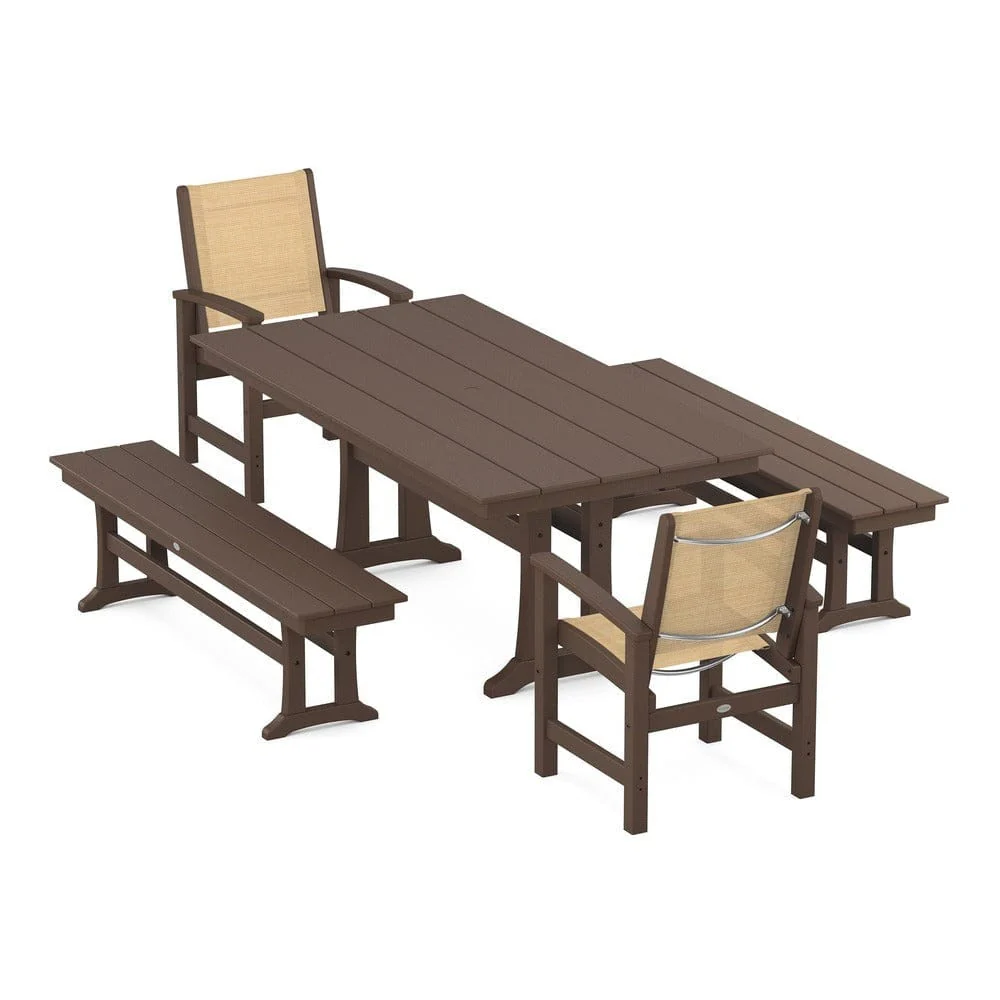 POLYWOOD® - Coastal 5-Piece Farmhouse Dining Set with Trestle Legs and Benches - PWS1000 - Image 113