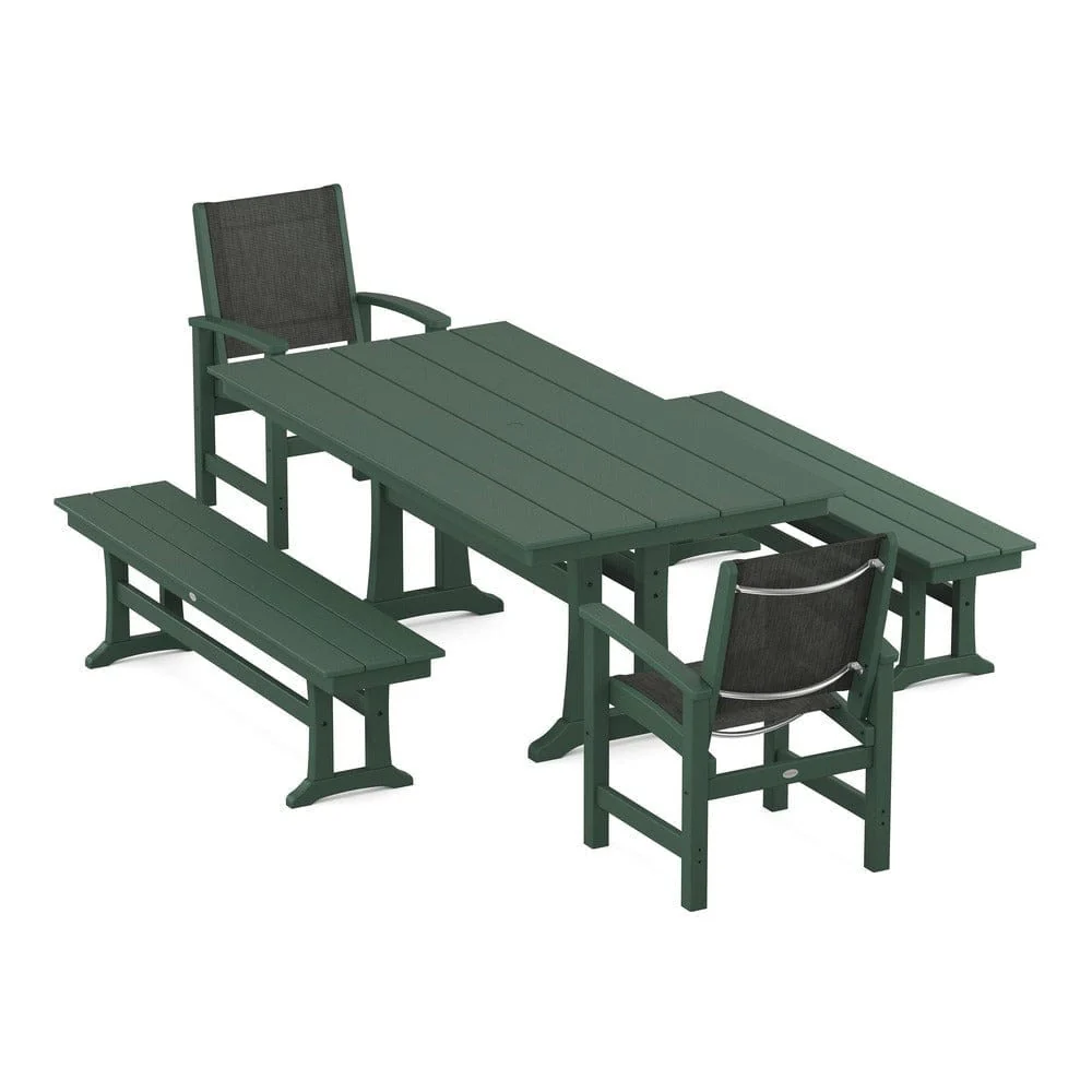 POLYWOOD® - Coastal 5-Piece Farmhouse Dining Set with Trestle Legs and Benches - PWS1000 - Image 114