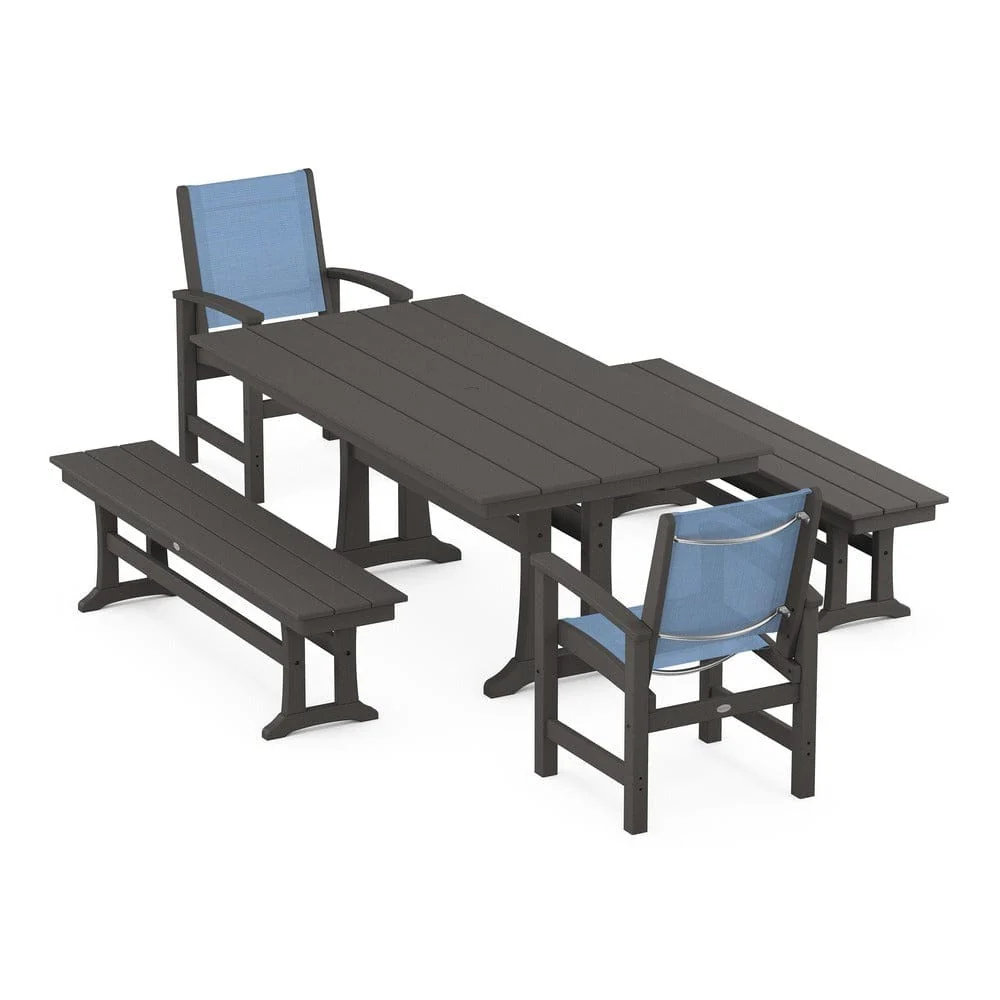 POLYWOOD® - Coastal 5-Piece Farmhouse Dining Set with Trestle Legs and Benches - PWS1000 - Image 115