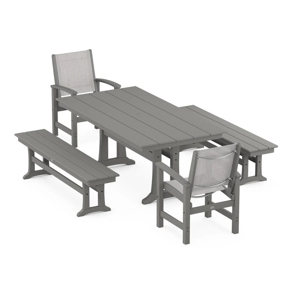 POLYWOOD® - Coastal 5-Piece Farmhouse Dining Set with Trestle Legs and Benches - PWS1000 - Image 123