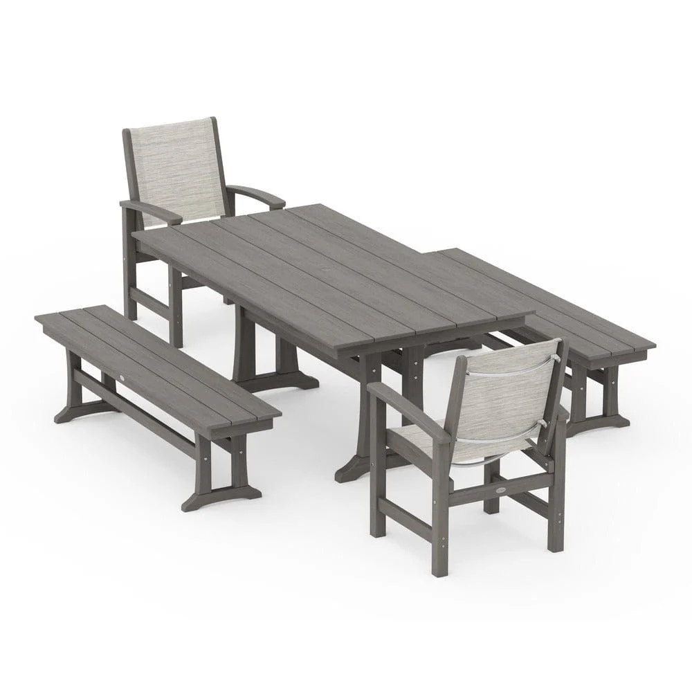 POLYWOOD® - Coastal 5-Piece Farmhouse Dining Set with Trestle Legs and Benches - PWS1000 - Image 125