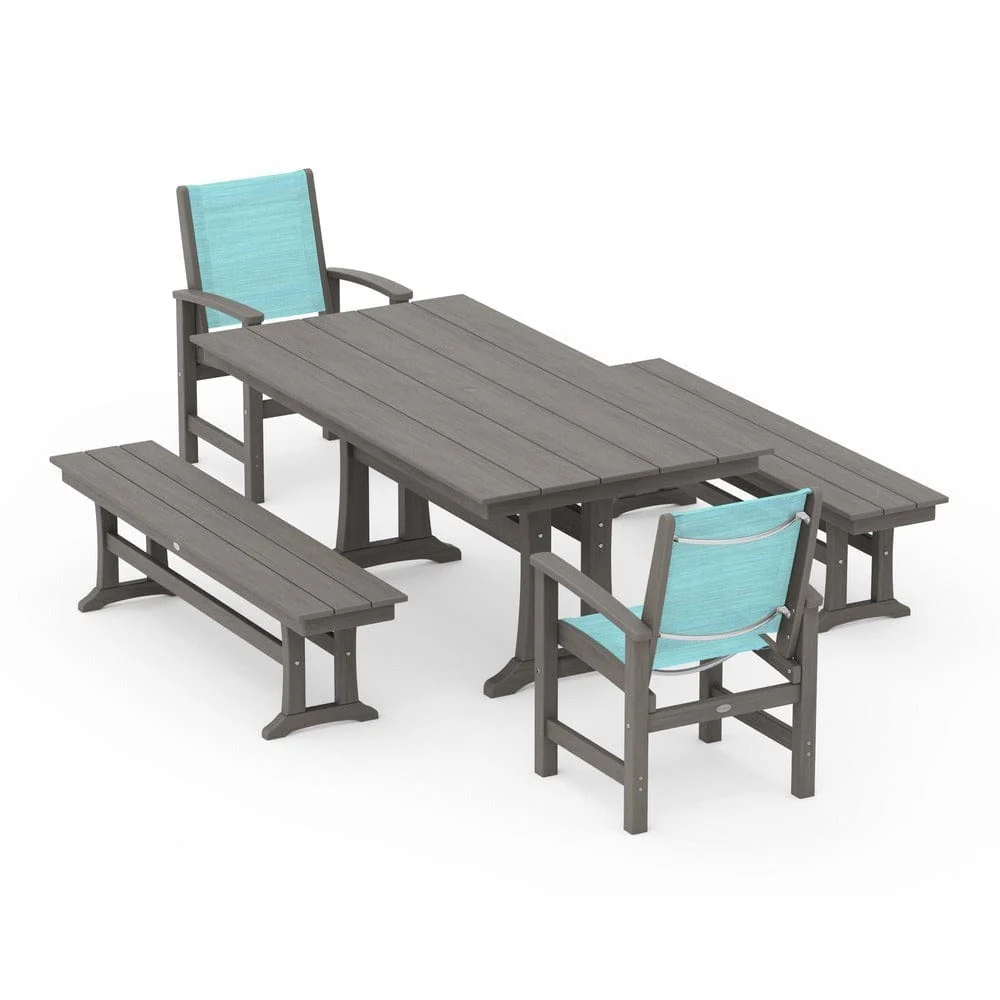 POLYWOOD® - Coastal 5-Piece Farmhouse Dining Set with Trestle Legs and Benches - PWS1000 - Image 126
