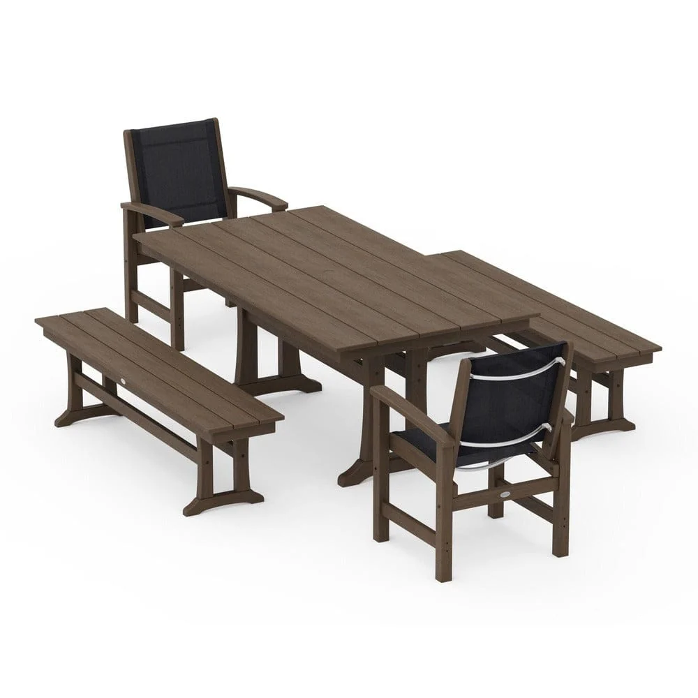 POLYWOOD® - Coastal 5-Piece Farmhouse Dining Set with Trestle Legs and Benches - PWS1000 - Image 127