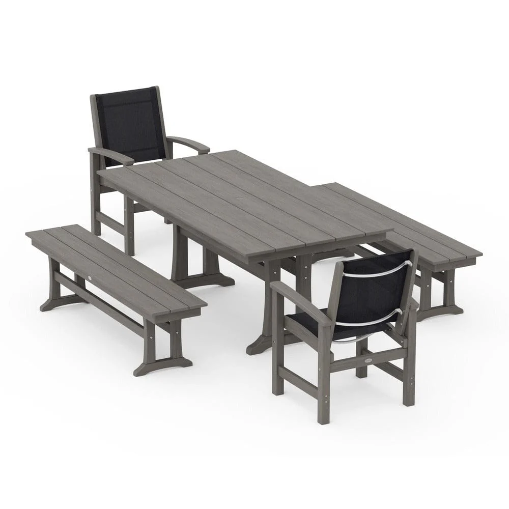 POLYWOOD® - Coastal 5-Piece Farmhouse Dining Set with Trestle Legs and Benches - PWS1000 - Image 128