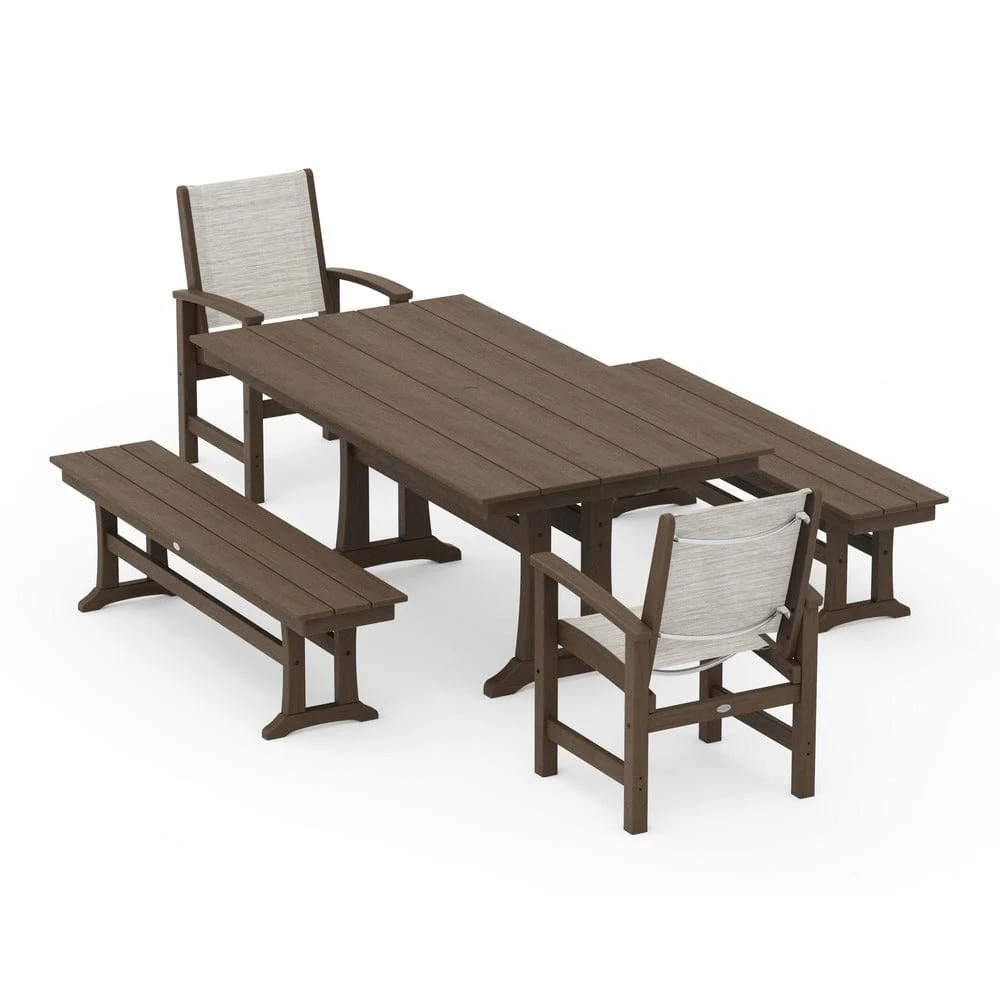 POLYWOOD® - Coastal 5-Piece Farmhouse Dining Set with Trestle Legs and Benches - PWS1000 - Image 129