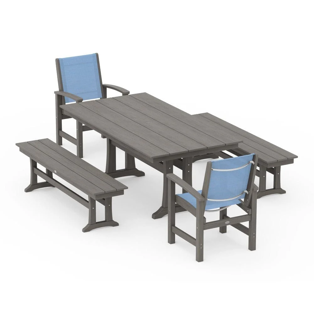 POLYWOOD® - Coastal 5-Piece Farmhouse Dining Set with Trestle Legs and Benches - PWS1000 - Image 130