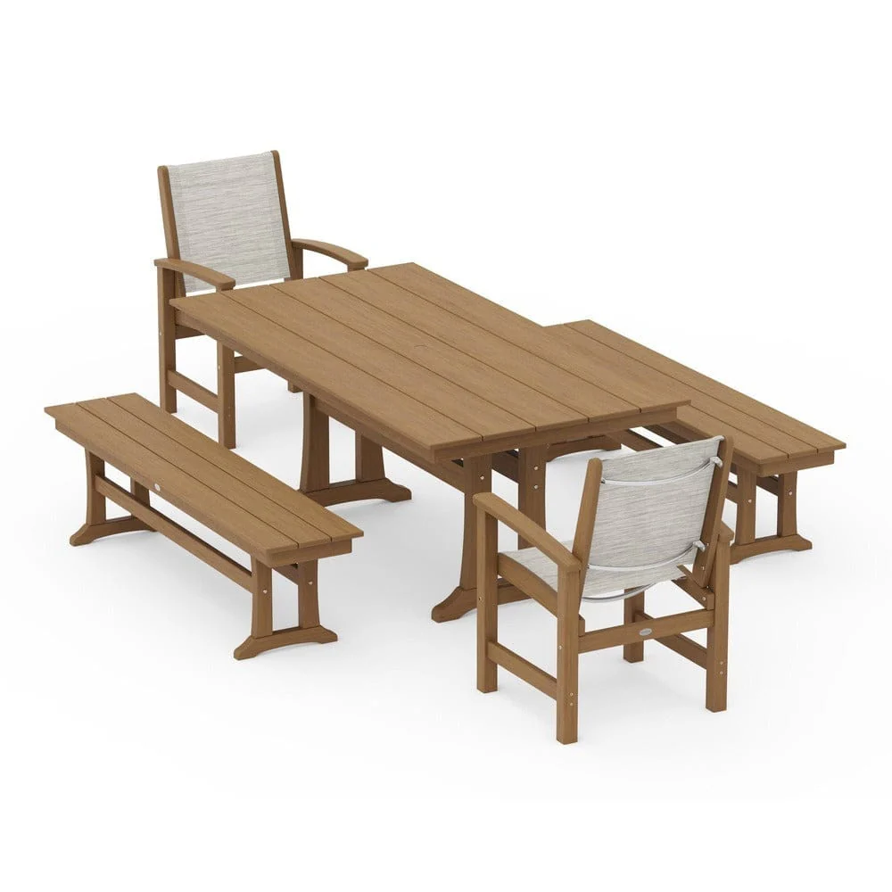 POLYWOOD® - Coastal 5-Piece Farmhouse Dining Set with Trestle Legs and Benches - PWS1000 - Image 131