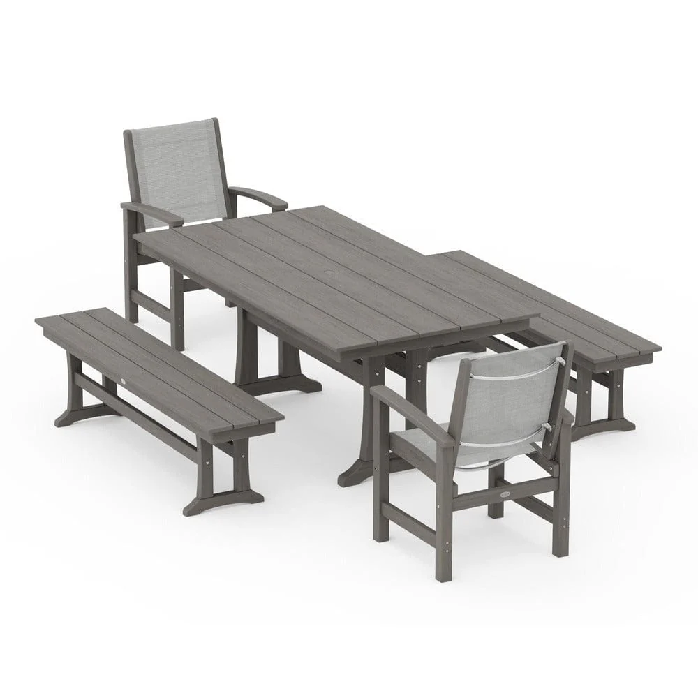 POLYWOOD® - Coastal 5-Piece Farmhouse Dining Set with Trestle Legs and Benches - PWS1000 - Image 132