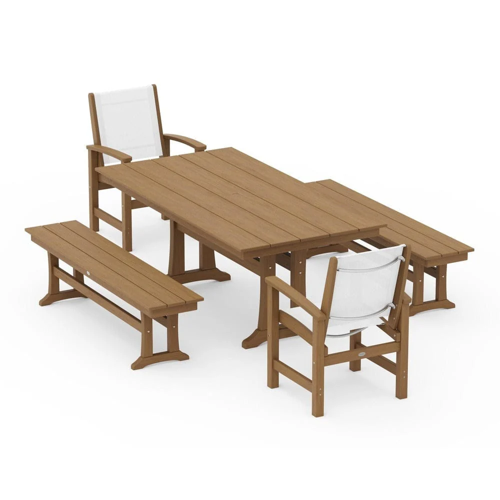 POLYWOOD® - Coastal 5-Piece Farmhouse Dining Set with Trestle Legs and Benches - PWS1000 - Image 133