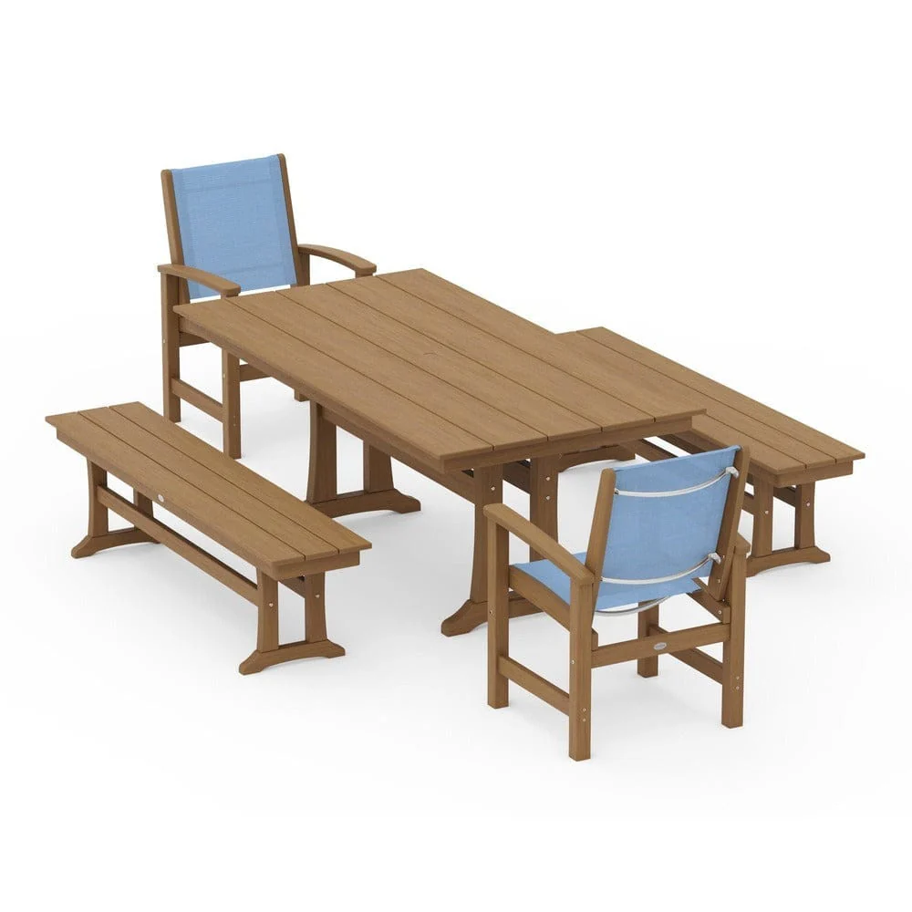 POLYWOOD® - Coastal 5-Piece Farmhouse Dining Set with Trestle Legs and Benches - PWS1000 - Image 135