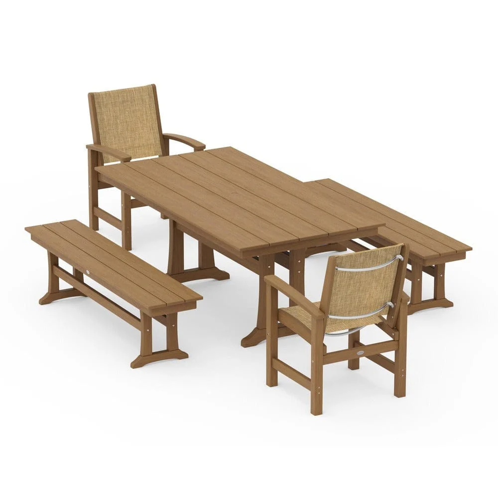POLYWOOD® - Coastal 5-Piece Farmhouse Dining Set with Trestle Legs and Benches - PWS1000 - Image 136