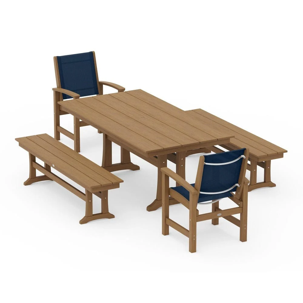 POLYWOOD® - Coastal 5-Piece Farmhouse Dining Set with Trestle Legs and Benches - PWS1000 - Image 137