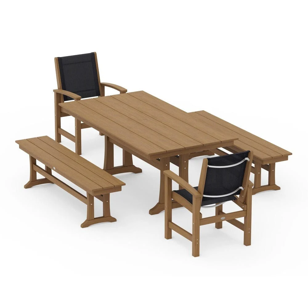 POLYWOOD® - Coastal 5-Piece Farmhouse Dining Set with Trestle Legs and Benches - PWS1000 - Image 138