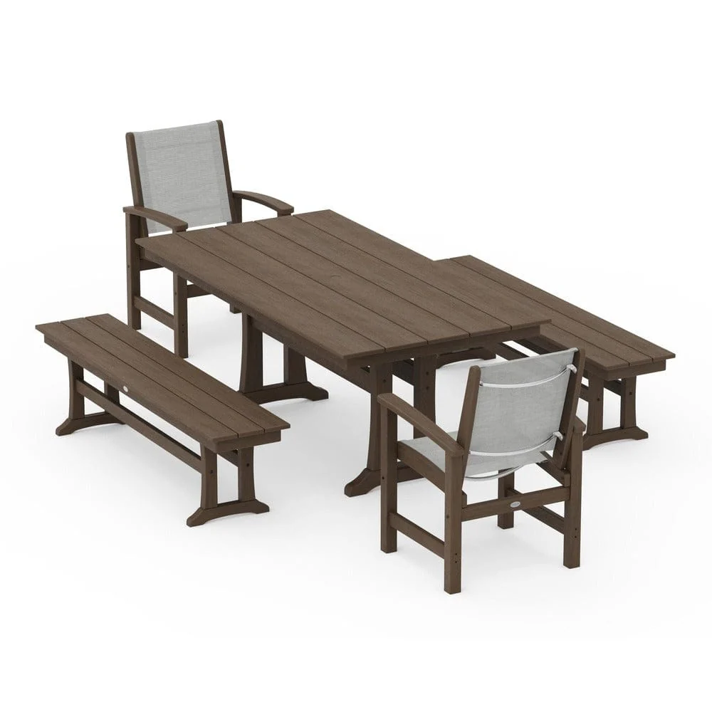 POLYWOOD® - Coastal 5-Piece Farmhouse Dining Set with Trestle Legs and Benches - PWS1000 - Image 139