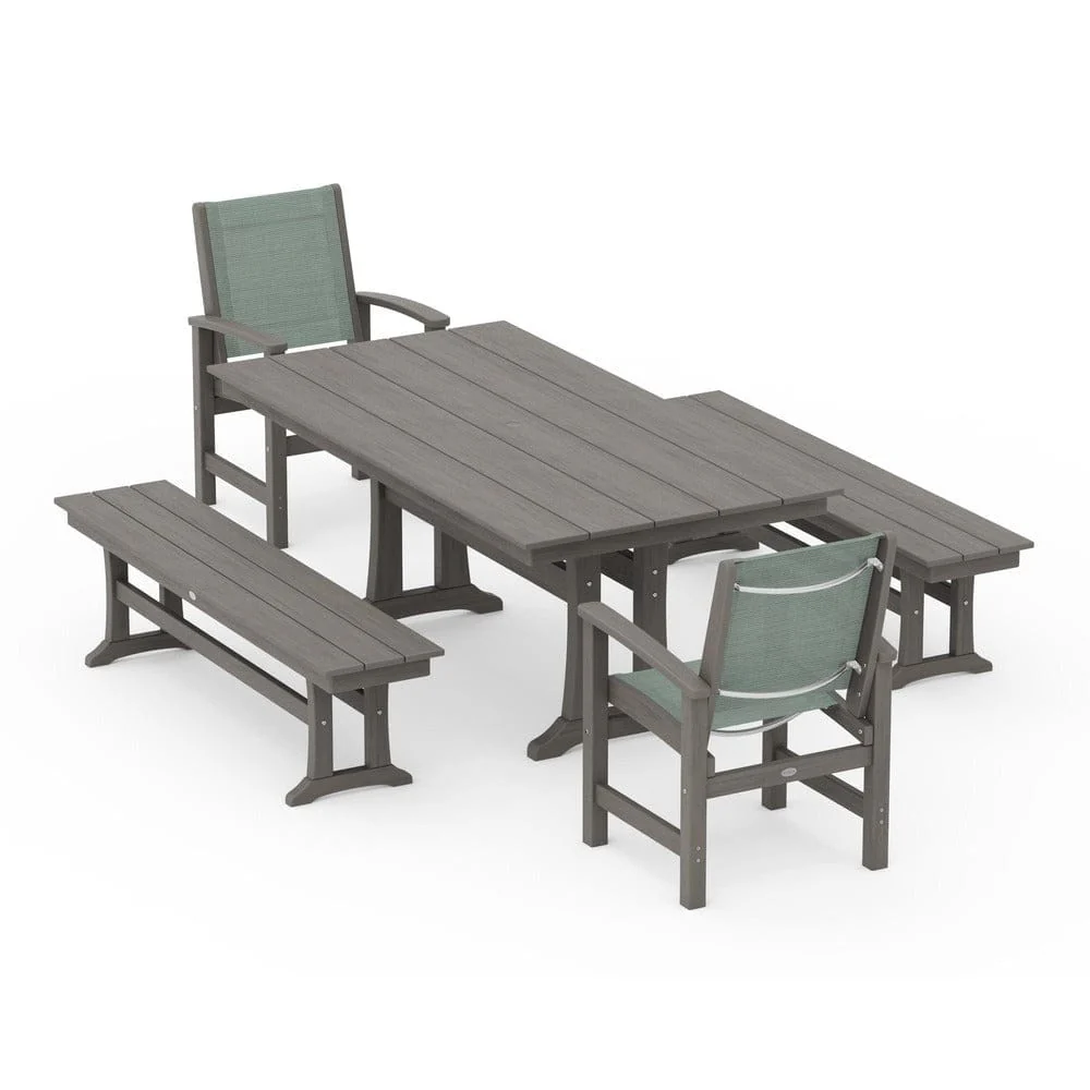 POLYWOOD® - Coastal 5-Piece Farmhouse Dining Set with Trestle Legs and Benches - PWS1000 - Image 141