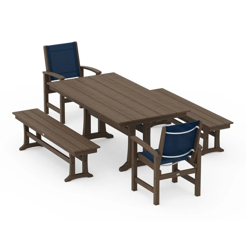 POLYWOOD® - Coastal 5-Piece Farmhouse Dining Set with Trestle Legs and Benches - PWS1000 - Image 142