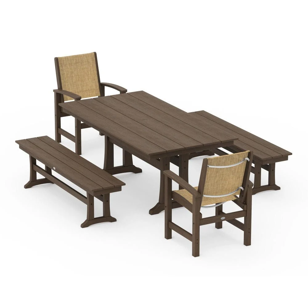 POLYWOOD® - Coastal 5-Piece Farmhouse Dining Set with Trestle Legs and Benches - PWS1000 - Image 144