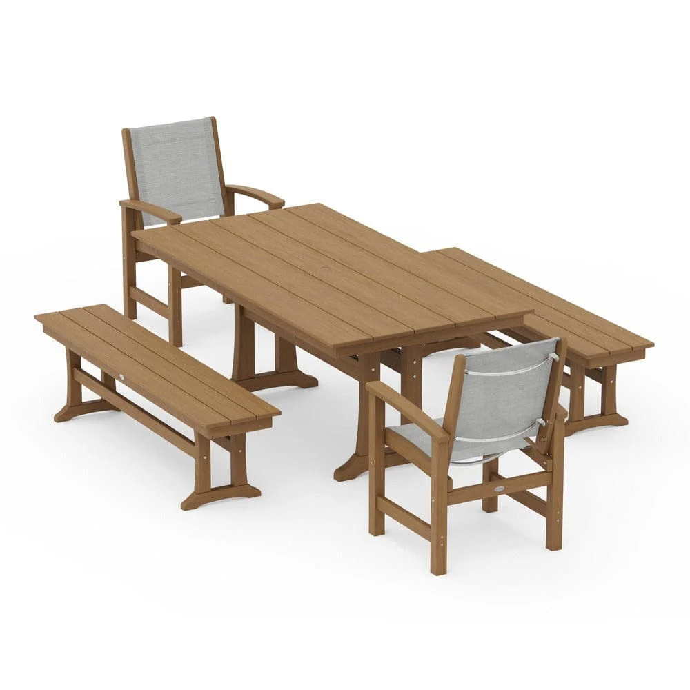 POLYWOOD® - Coastal 5-Piece Farmhouse Dining Set with Trestle Legs and Benches - PWS1000 - Image 146