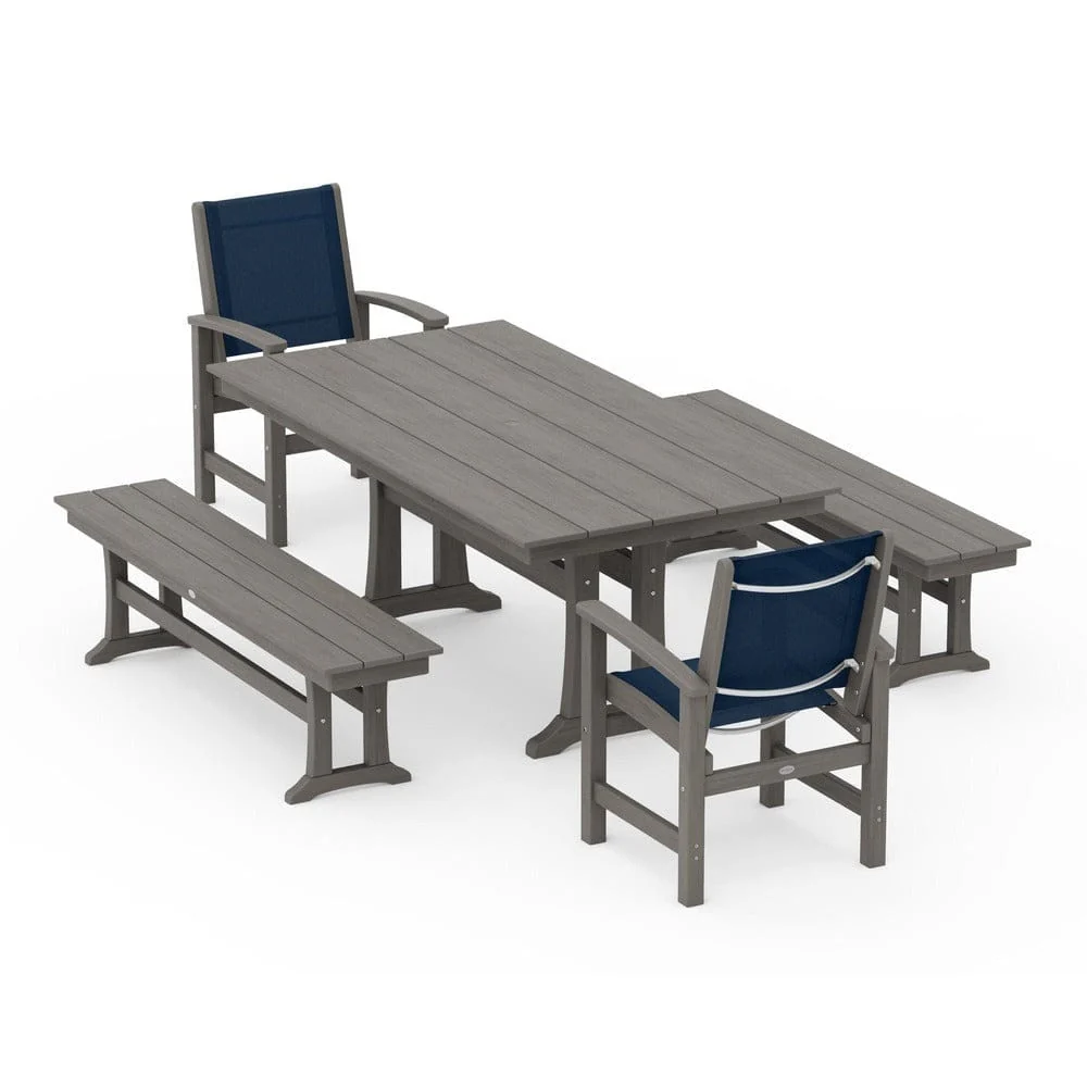 POLYWOOD® - Coastal 5-Piece Farmhouse Dining Set with Trestle Legs and Benches - PWS1000 - Image 147