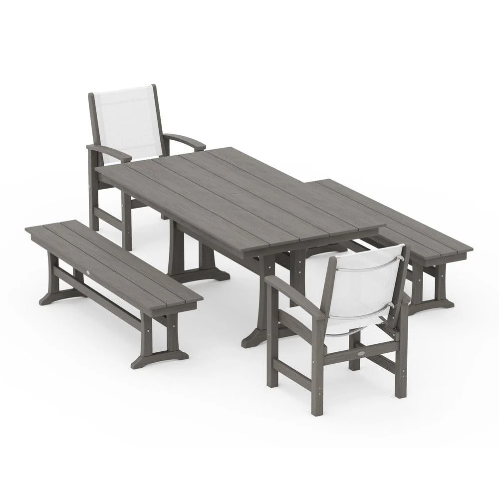 POLYWOOD® - Coastal 5-Piece Farmhouse Dining Set with Trestle Legs and Benches - PWS1000 - Image 148
