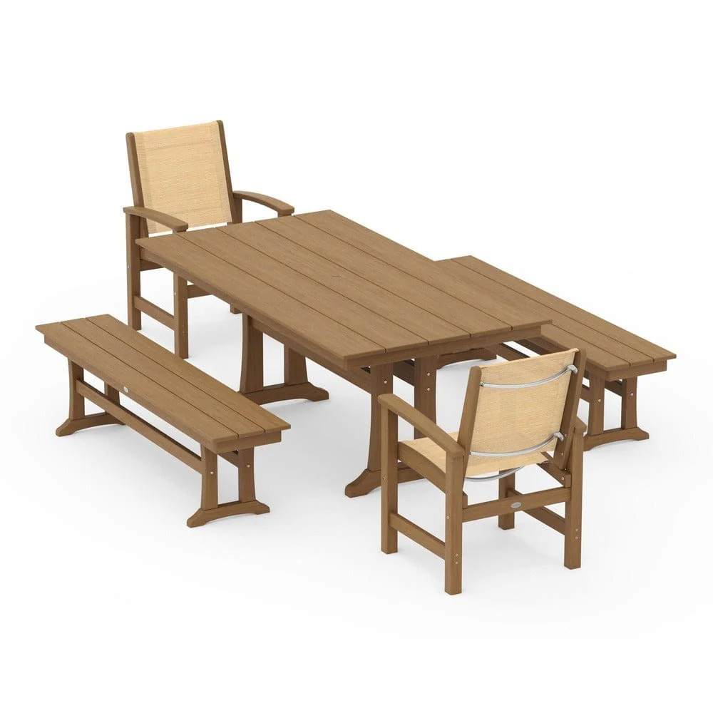 POLYWOOD® - Coastal 5-Piece Farmhouse Dining Set with Trestle Legs and Benches - PWS1000 - Image 149