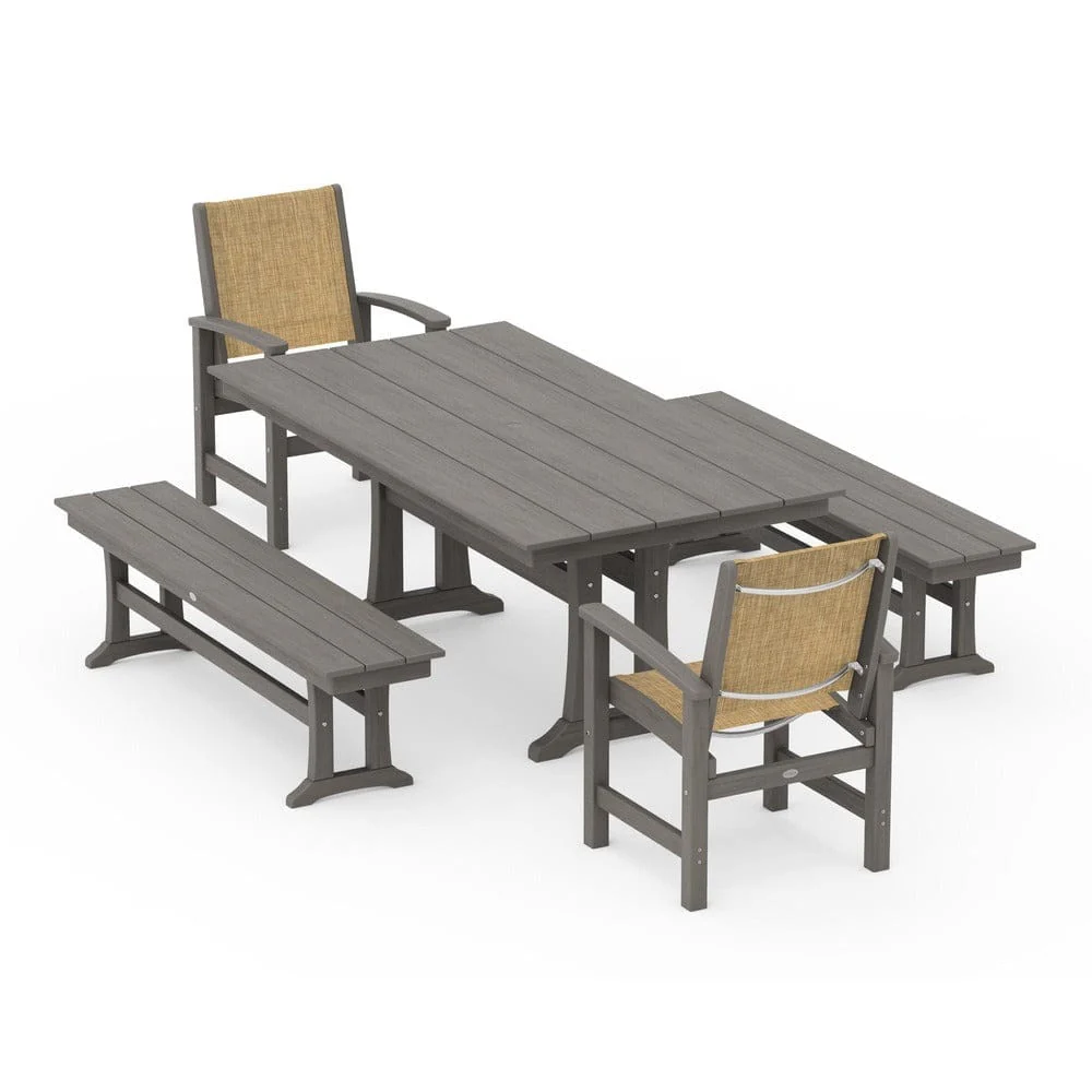 POLYWOOD® - Coastal 5-Piece Farmhouse Dining Set with Trestle Legs and Benches - PWS1000 - Image 150