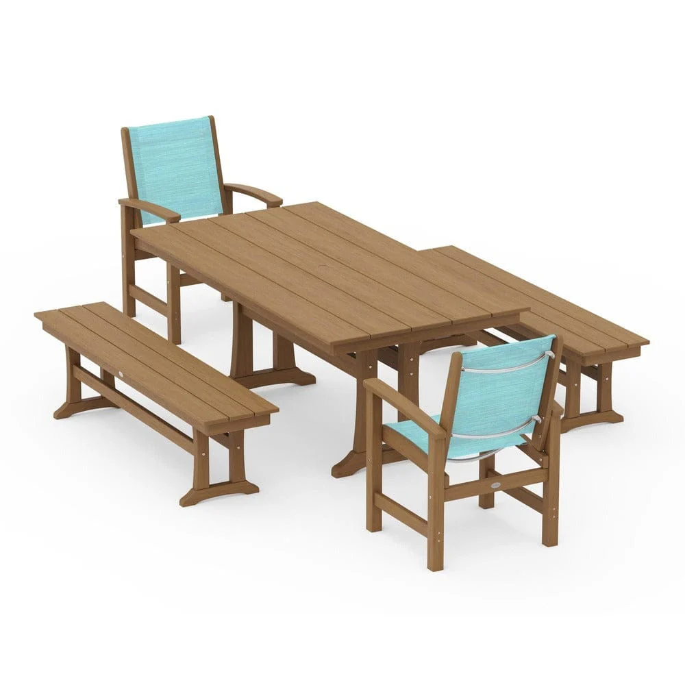 POLYWOOD® - Coastal 5-Piece Farmhouse Dining Set with Trestle Legs and Benches - PWS1000 - Image 151