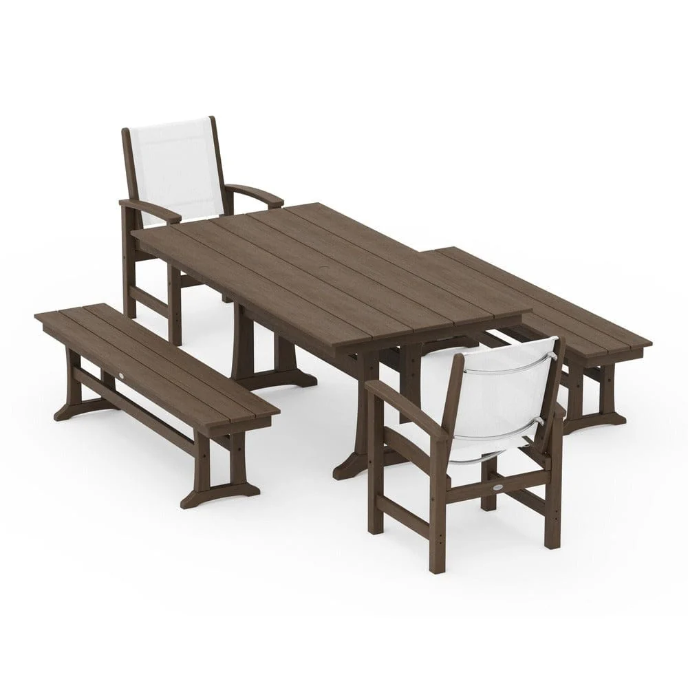 POLYWOOD® - Coastal 5-Piece Farmhouse Dining Set with Trestle Legs and Benches - PWS1000 - Image 153