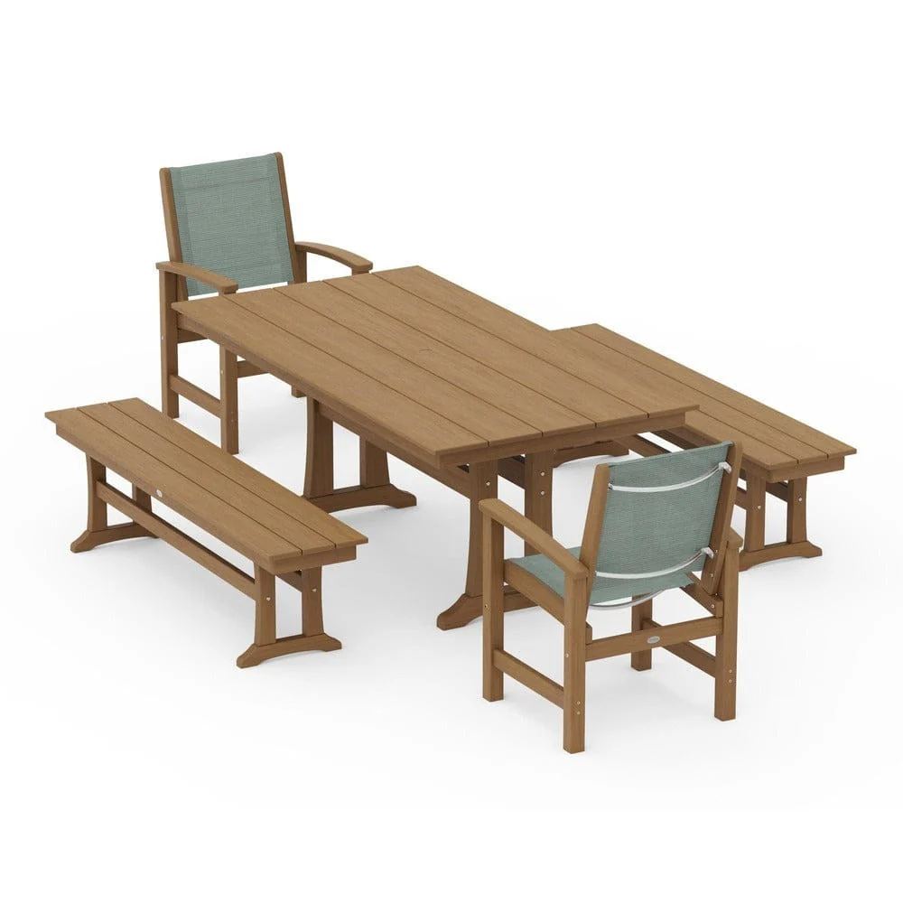 POLYWOOD® - Coastal 5-Piece Farmhouse Dining Set with Trestle Legs and Benches - PWS1000 - Image 154