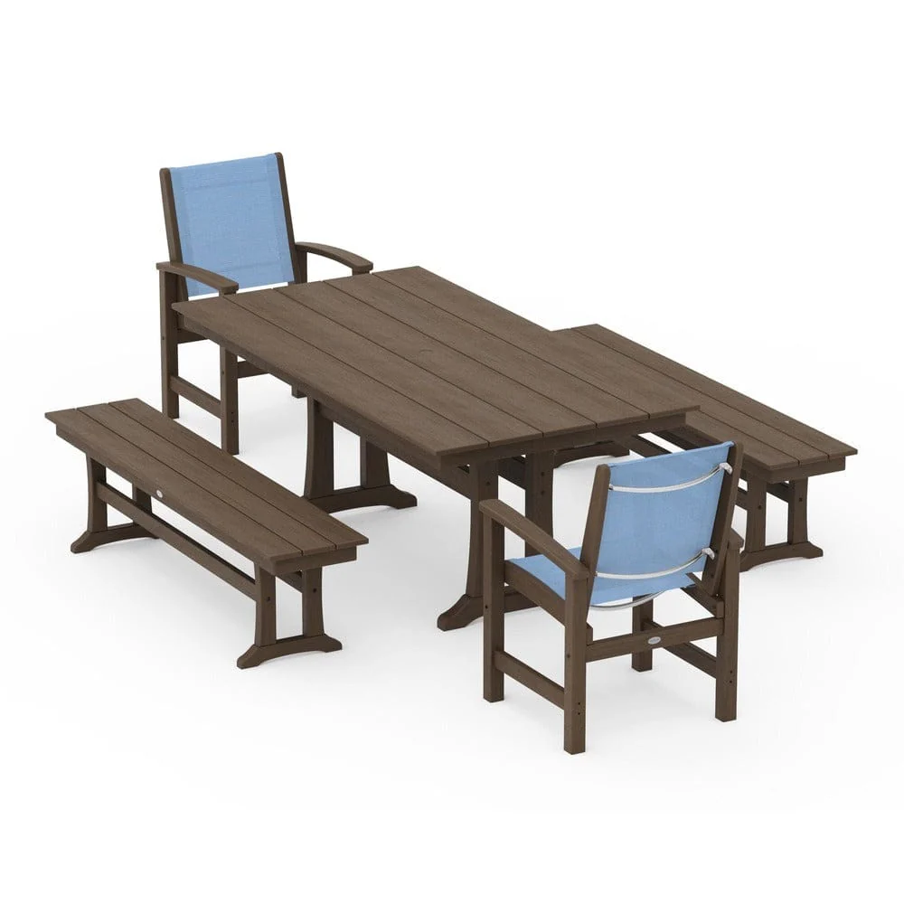 POLYWOOD® - Coastal 5-Piece Farmhouse Dining Set with Trestle Legs and Benches - PWS1000 - Image 155