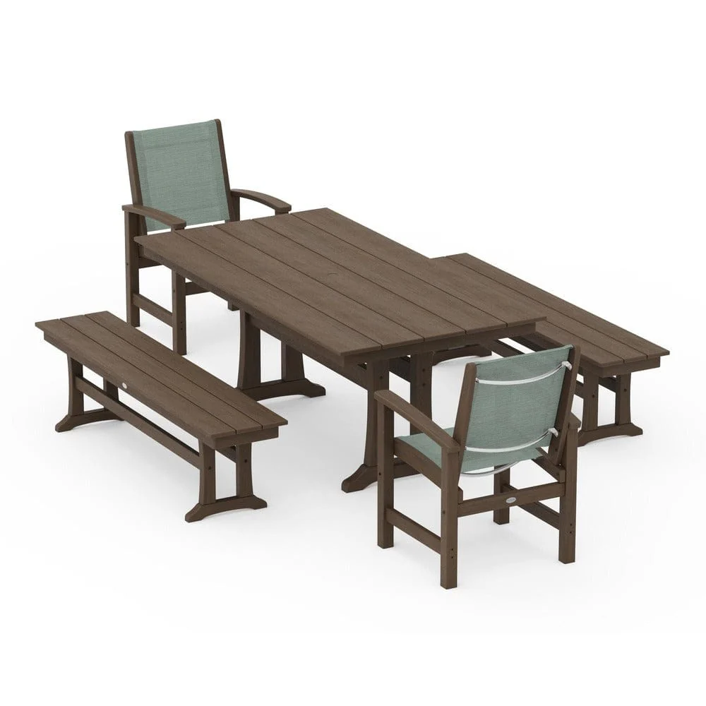 POLYWOOD® - Coastal 5-Piece Farmhouse Dining Set with Trestle Legs and Benches - PWS1000 - Image 156