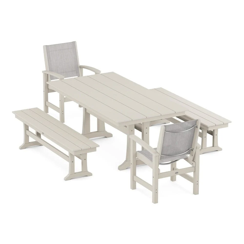 POLYWOOD® - Coastal 5-Piece Farmhouse Dining Set with Trestle Legs and Benches - PWS1000 - Image 27