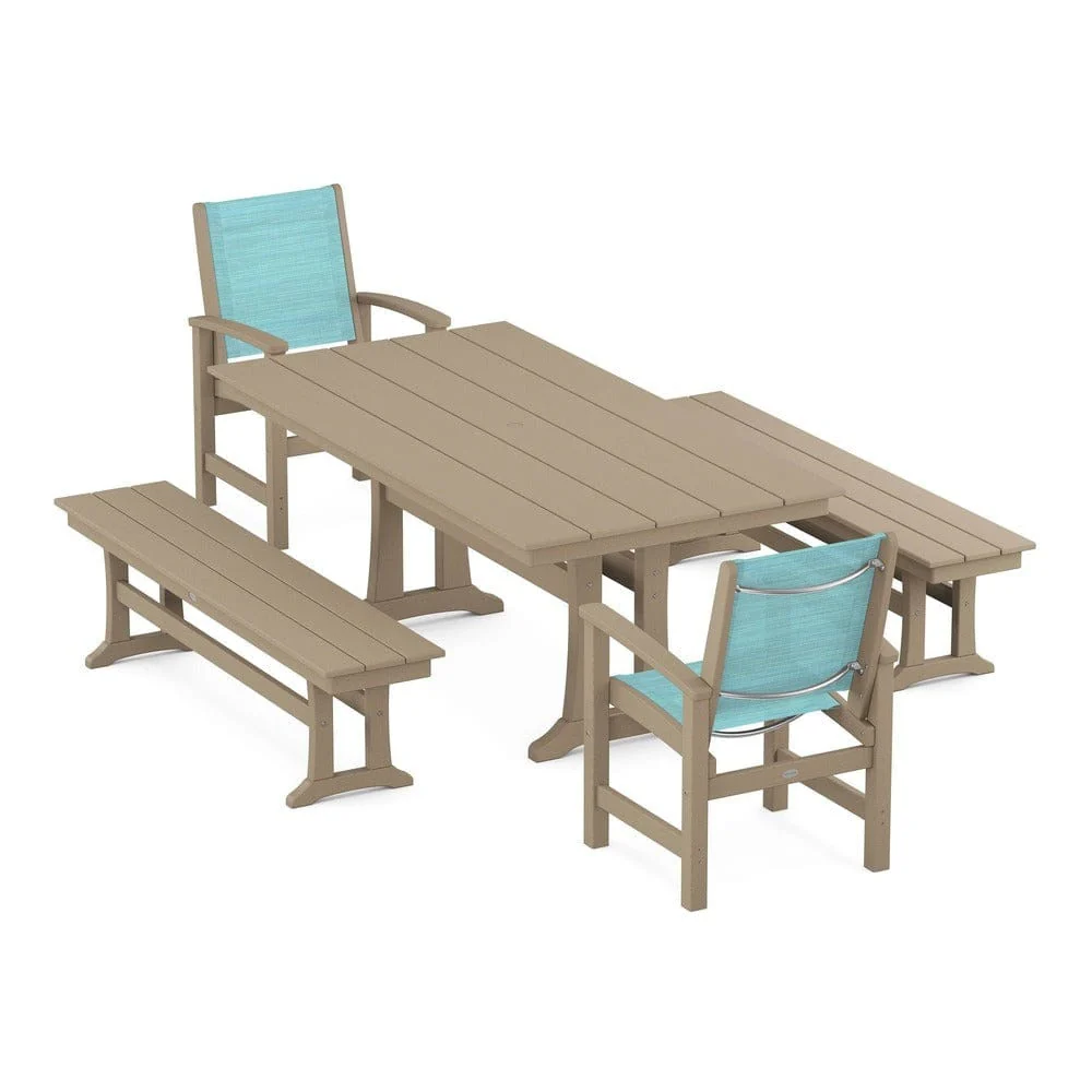 POLYWOOD® - Coastal 5-Piece Farmhouse Dining Set with Trestle Legs and Benches - PWS1000 - Image 36