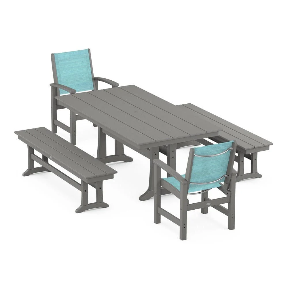 POLYWOOD® - Coastal 5-Piece Farmhouse Dining Set with Trestle Legs and Benches - PWS1000 - Image 47