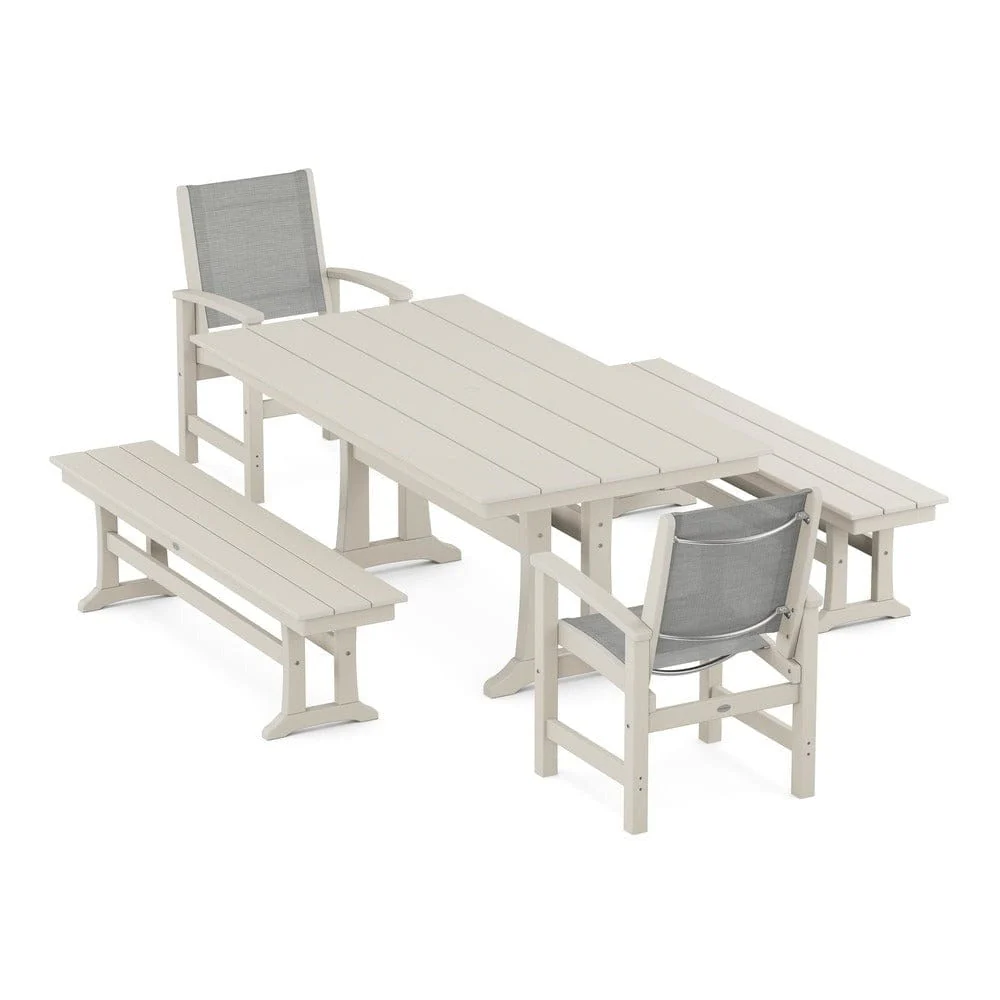 POLYWOOD® - Coastal 5-Piece Farmhouse Dining Set with Trestle Legs and Benches - PWS1000 - Image 48