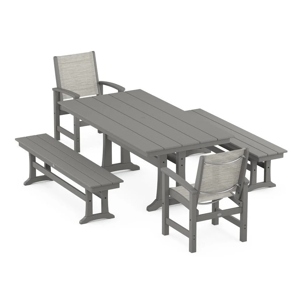 POLYWOOD® - Coastal 5-Piece Farmhouse Dining Set with Trestle Legs and Benches - PWS1000 - Image 56